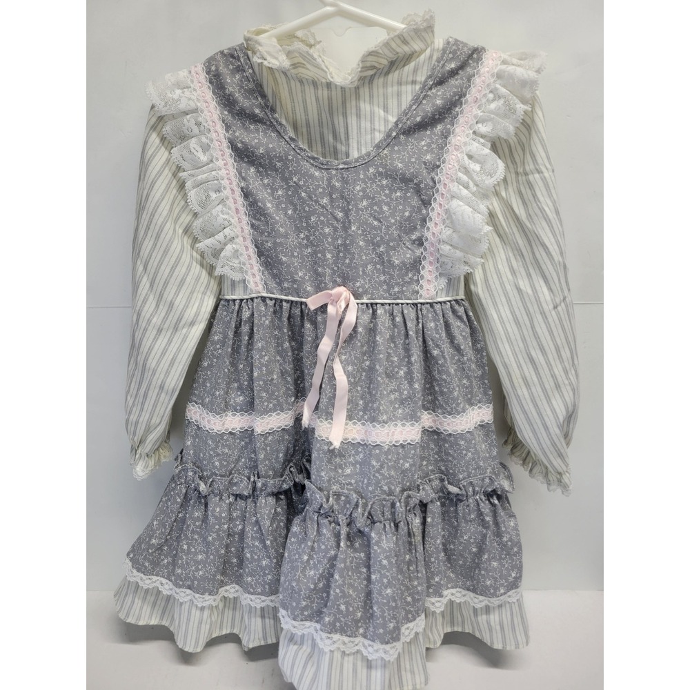 Vintage Bryan USA Girls Floral Pinafore Striped Dress Lace Ruffle Prairie Size 4
